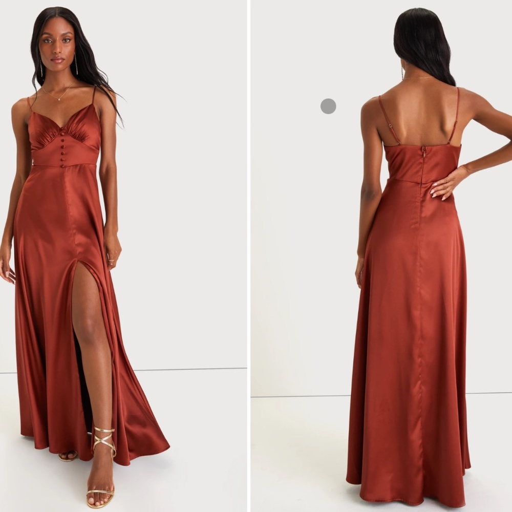 Lulu's Rust Satin Maxi Dress with Thigh Slit